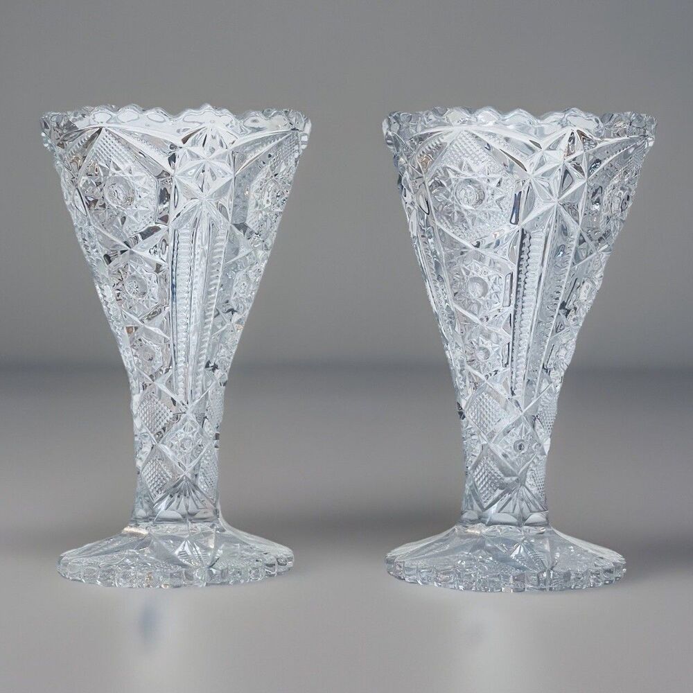 2 VTG EAPG Imperial Glass Vases Starburst Pattern Clear Pressed Glass Heavy EUC
